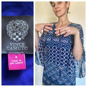 Vince Camuto Tassel Dress Bell Sleeve Royal Blue Teal Geometric
